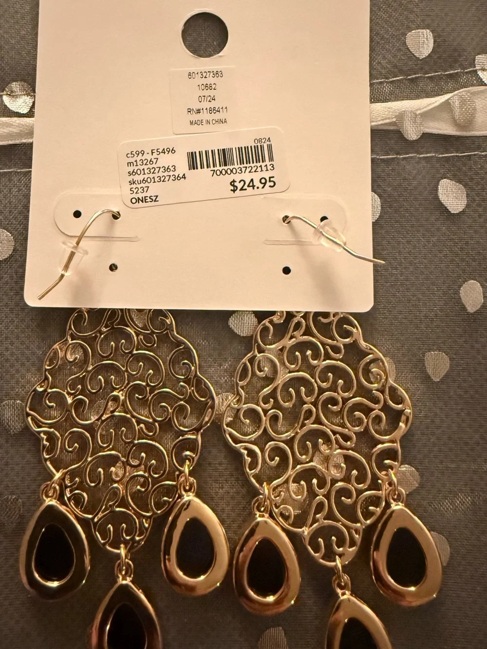 Lane Bryant Gold Filigree Chandelier Earrings with Black Teardrops